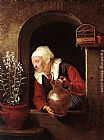 Gerrit Dou Wall Art - Old Woman Watering Flowers